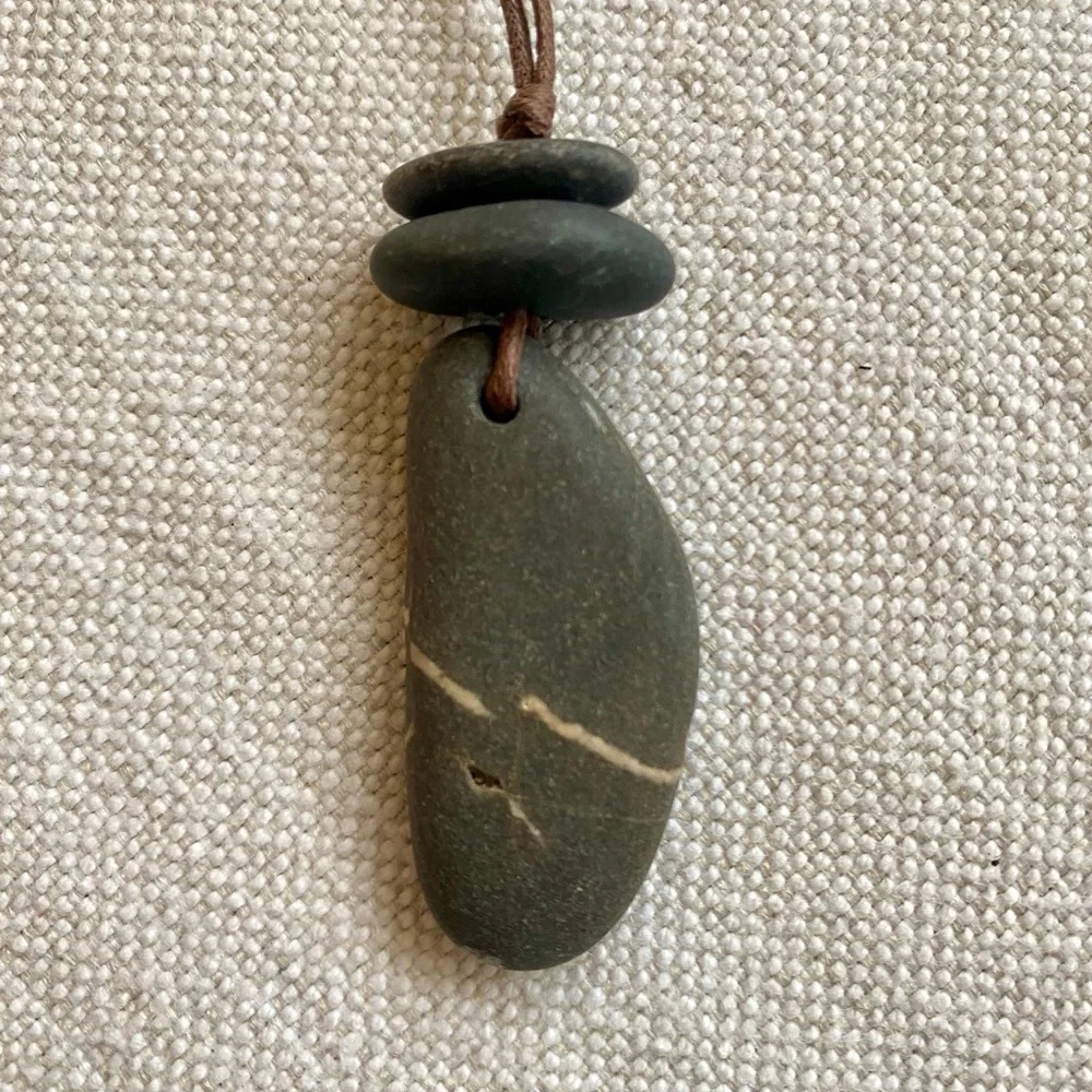Gray Stone Pendant Necklace with Brown Cord - Picture 2 of 4